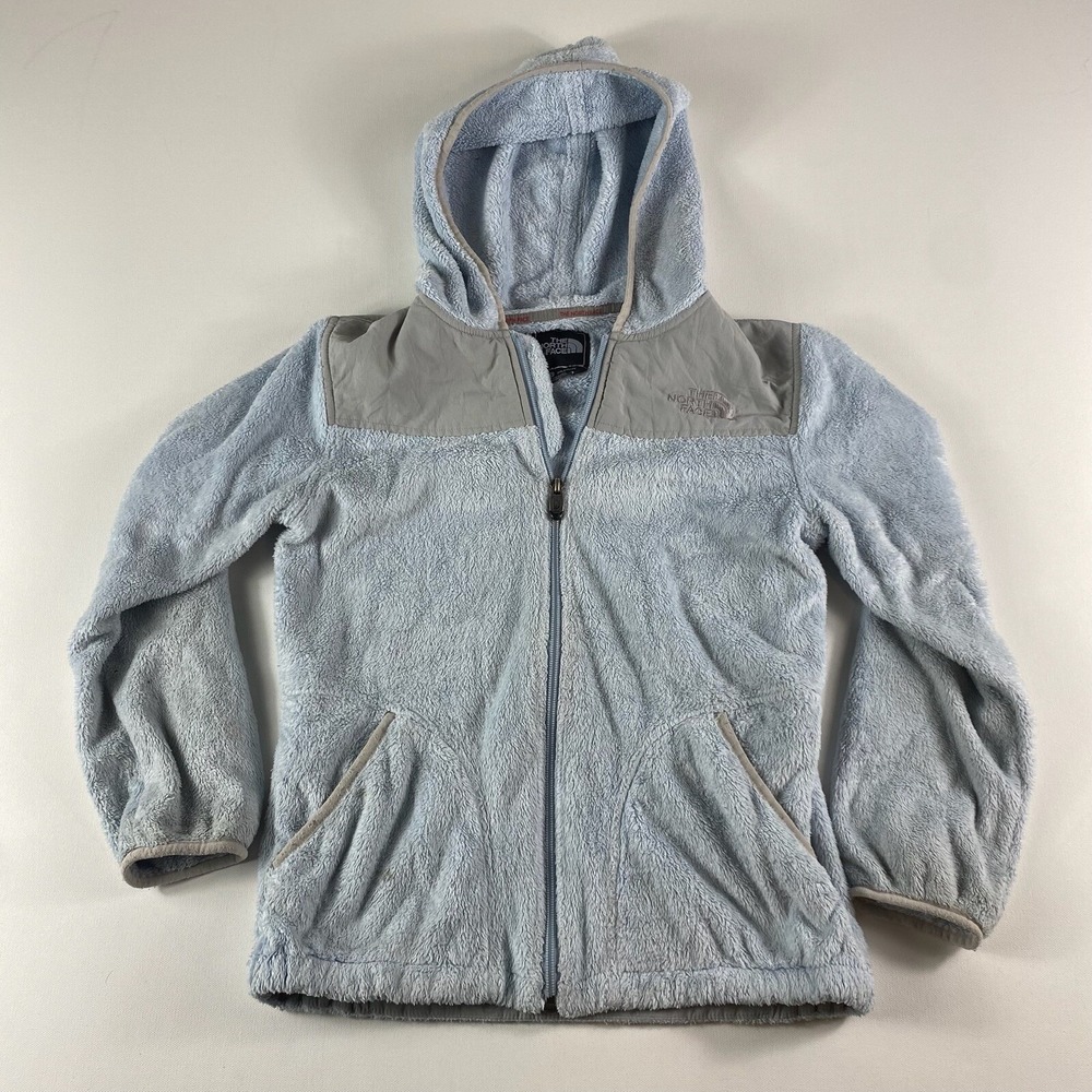 North Face Jacket Girls Large Blue Fuzzy Hooded Full Zip Fleece Denali YOUTH